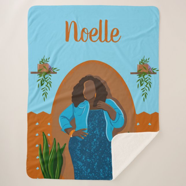 Couverture Sherpa Courbe, Femme noire, Plantes domestiques, Orange & (Devant)