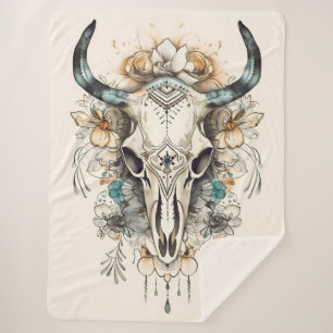 Couverture Sherpa Crâne de vache Boho avec fleurs, Crâne de vache Fl