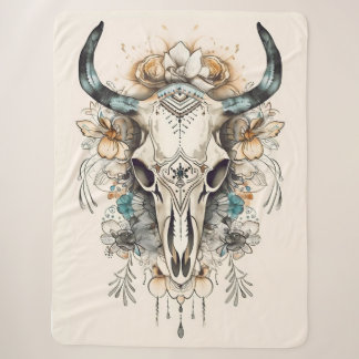 Couverture Sherpa Crâne de vache Boho avec fleurs, Crâne de vache Fl