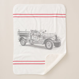 Couverture Sherpa croquis au crayon de camion de pompiers vintage de