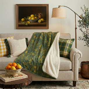 Couverture Sherpa Croquis de citron jaune sur vert foncé