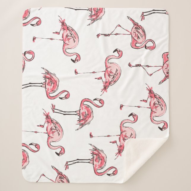Couverture Sherpa Croquis Flamant rose : Motif Vintage tropical. (Devant)