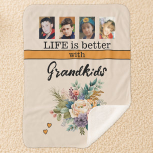 Couverture Sherpa Custom 4 photos petits-enfants fleurs orange
