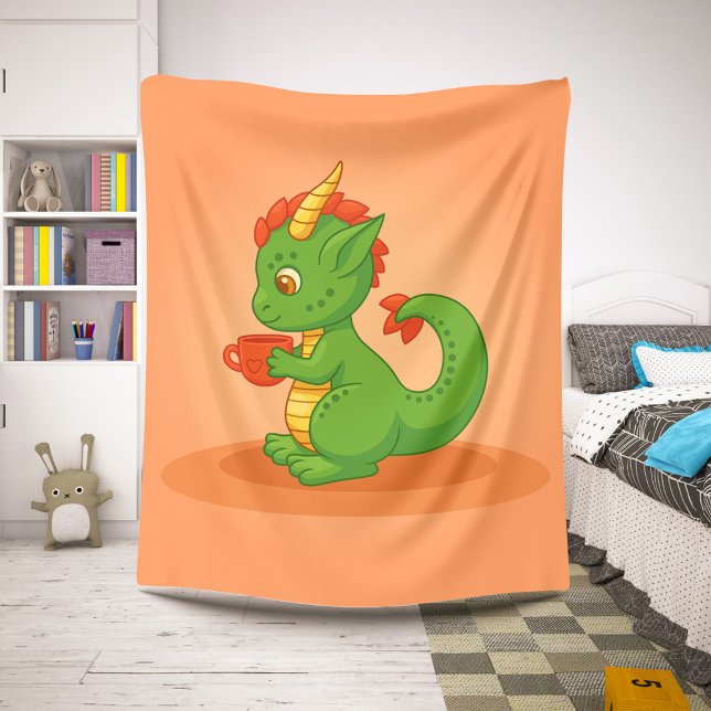 Couverture Sherpa Cute Baby Dragon Holding Cup on Orange (Créateur téléchargé)