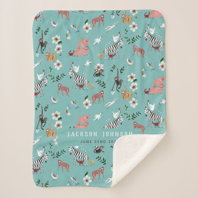 Couverture Sherpa Cute bleu animaux paresseux, zèbre & oiseaux pépin (Devant)