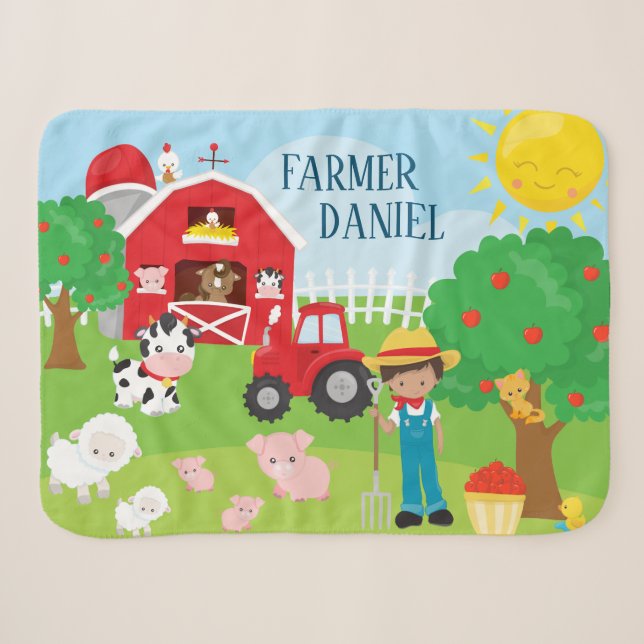 Couverture Sherpa Cute Cartoon Barnyard Animaux, Fermier et tracteur (Devant (Horizontal))