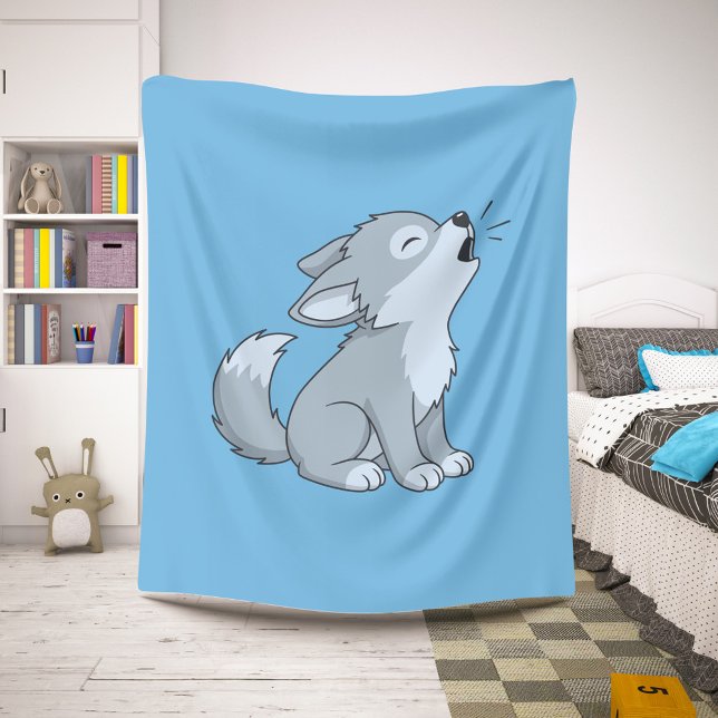 Couverture Sherpa Cute Cartoon Howling Wolf Pup Blue (Créateur téléchargé)