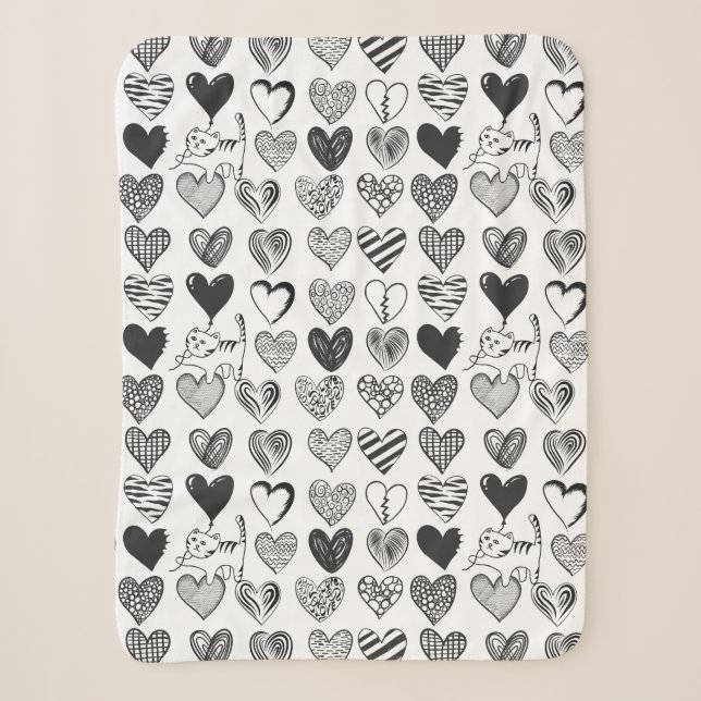 Couverture Sherpa Cute Chat et Coeur Motif noir et blanc (Devant)