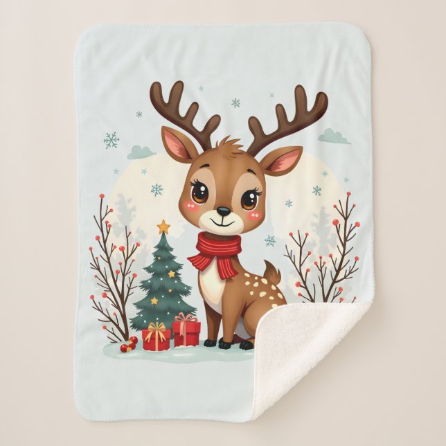 Couverture Sherpa Cute Christmas Reindeer Scene Snowy Forest (Devant)