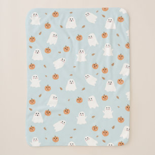 Couverture Sherpa Cute Fantôme et Citrouille Motif d'Halloween bleu