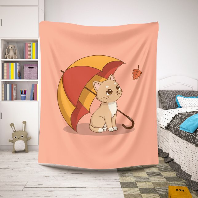 Couverture Sherpa Cute Kitten Cat Red Yellow Umbrella Fall Pink (Créateur téléchargé)
