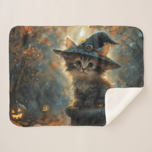 Couverture Sherpa Cute Kitten portant un Casquette sorcier