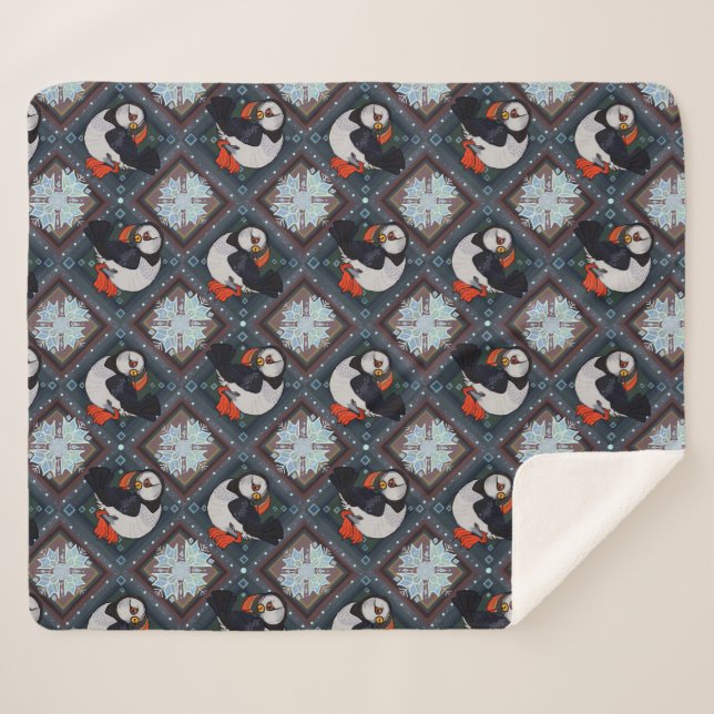 Couverture Sherpa Cute Puffin Birds Motif d'hiver (Devant (Horizontal))