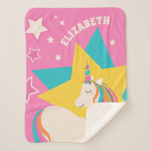 Couverture Sherpa Cute Rainbow Unicorn et Stars Girly Pink Monogramm