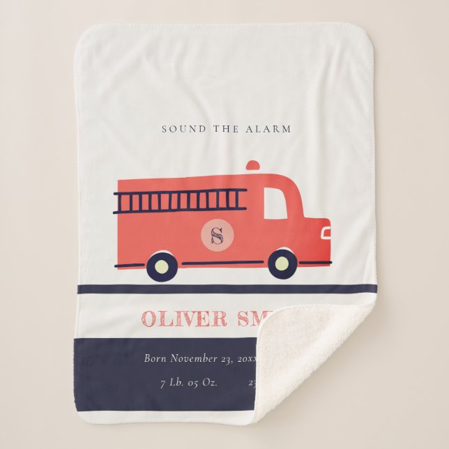 Couverture Sherpa Cute Red Navy Fire Truck Monogramme État de naissa (Devant)