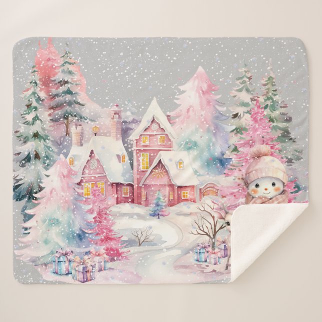 Couverture Sherpa Cute rose Snowman hiver Wonderland (Devant (Horizontal))