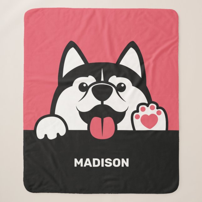 Couverture Sherpa Cute Siberian Husky nom et couleur personnalisés (Devant)
