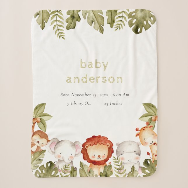 Couverture Sherpa Cute Wild Tropical Safari Animaux Baby Birth Stats (Devant)