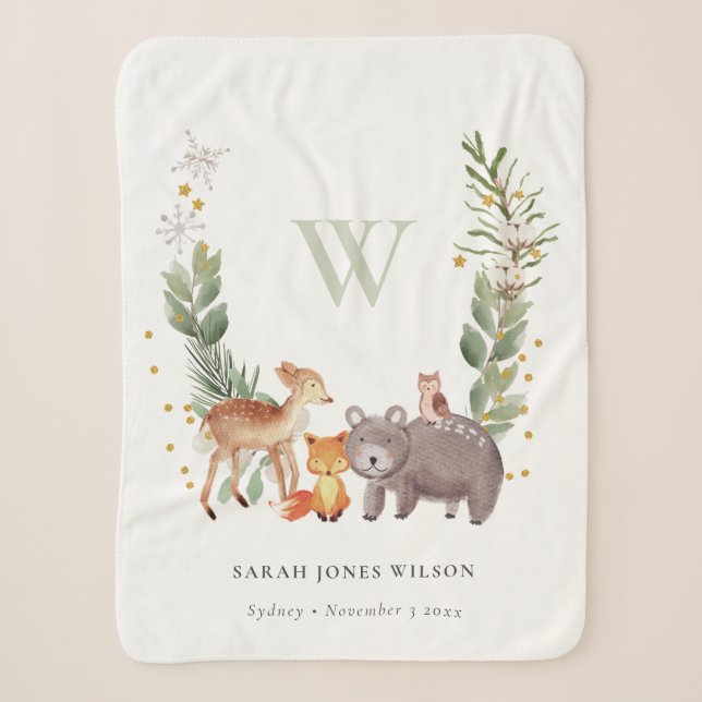 Couverture Sherpa Cute Woodland Animal Feuilleté Wreath Monogramme E (Devant)