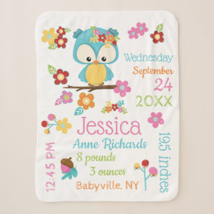 Couverture Sherpa Cute Woodland Owl Baby Girl Birth Record Statistiq