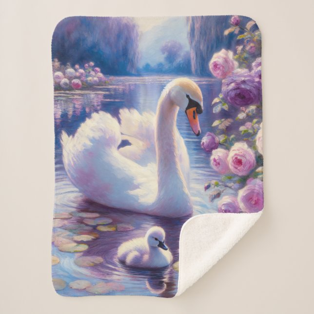 Couverture Sherpa Cygnet blanc avec Roses violets (Devant)