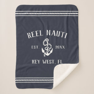 Couverture Sherpa Dark Navy Blue & White Rustic Ancre Nom du bateau