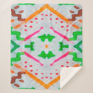 Couverture Sherpa Décor Boho Aquarelle. Coussin bleu Boho. Aquarelle