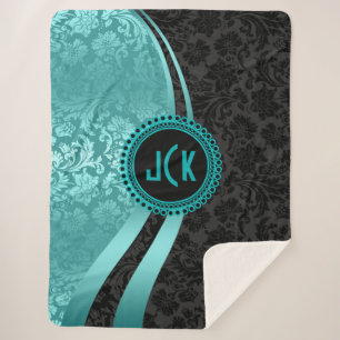Couverture Sherpa Décor géométrique bleu turquoise et noir Damas