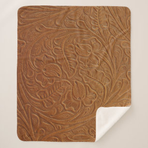Couverture Sherpa Décor occidental cowboy floral, cuir marron foncé.