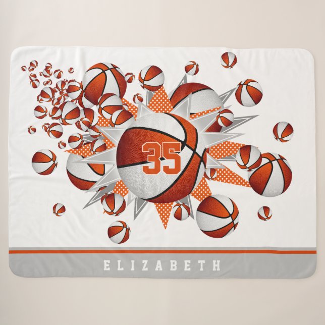 Couverture Sherpa décoration de sports orange blanc ballon de basket (Devant (Horizontal))