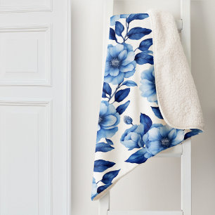 Couverture Sherpa Delft Bleu Fleurs Roses