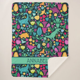 Couverture Sherpa Dinosaure Floral Folk Silhouettes Belles Filles