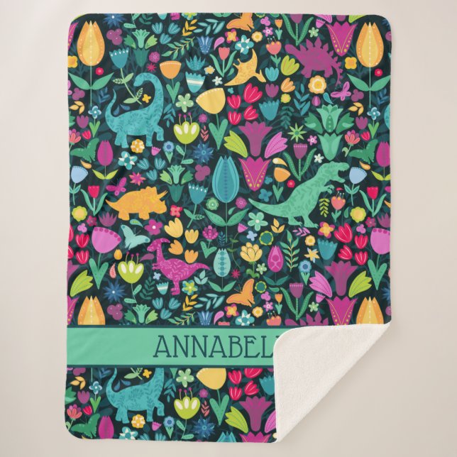 Couverture Sherpa Dinosaure Floral Folk Silhouettes Belles Filles (Devant)