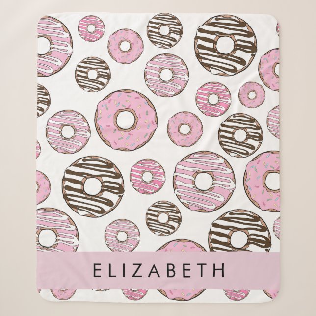 Couverture Sherpa Donuts Roses, Donuts Blancs, Sprinkings, Votre Nom (Devant)