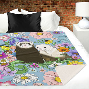Couverture Sherpa Douce Paire de Furets Floraux Bleus Fantaisistes