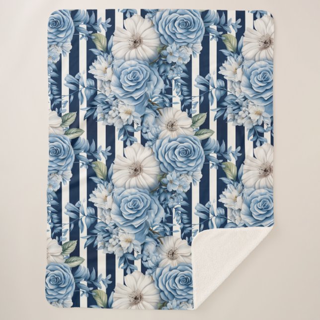Couverture Sherpa Douche de Mariage Fleurs en Rayures Bleu Marine (Devant)
