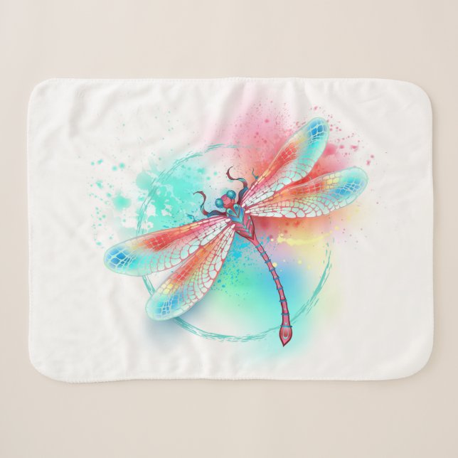 Couverture Sherpa Dragonfly rouge sur l'arrière - plan aquarelle (Devant (Horizontal))