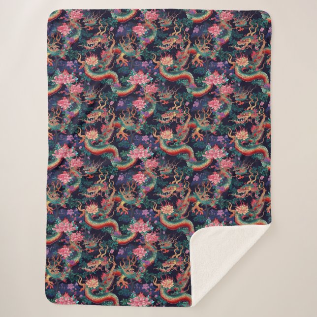 Couverture Sherpa Dragons et fleurs de néon (Devant)