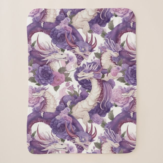 Couverture Sherpa Dragons violets et blancs et Roses (Devant)