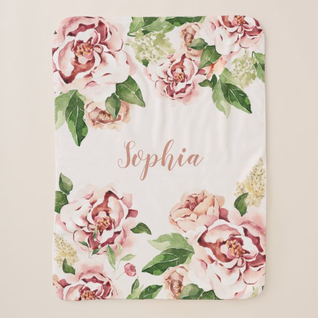 Couverture Sherpa Dusty rose Peony Floral Fille Nom bébé (Devant)