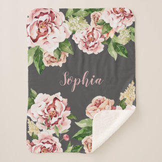Couverture Sherpa Dusty rose Peony Floral Fille Nom bébé