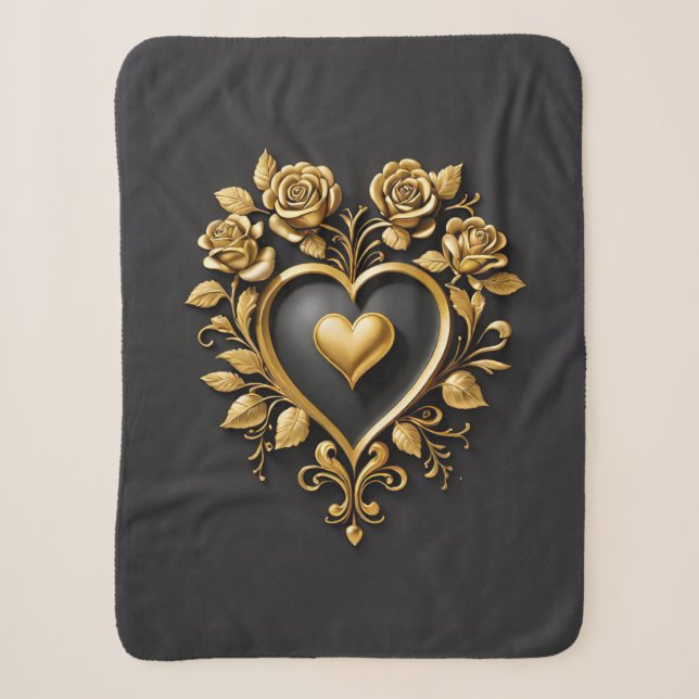 Couverture Sherpa Elégant coeur doré avec roses florissants (Devant)