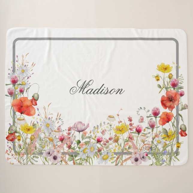 Couverture Sherpa Élégant Fleur sauvage Boho Nom personnalisé (Devant (Horizontal))