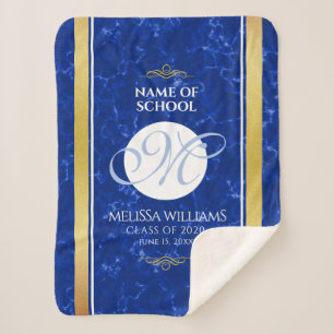 Couverture Sherpa Élégant Graduation Monogramme Bleu Marbre Or Huile