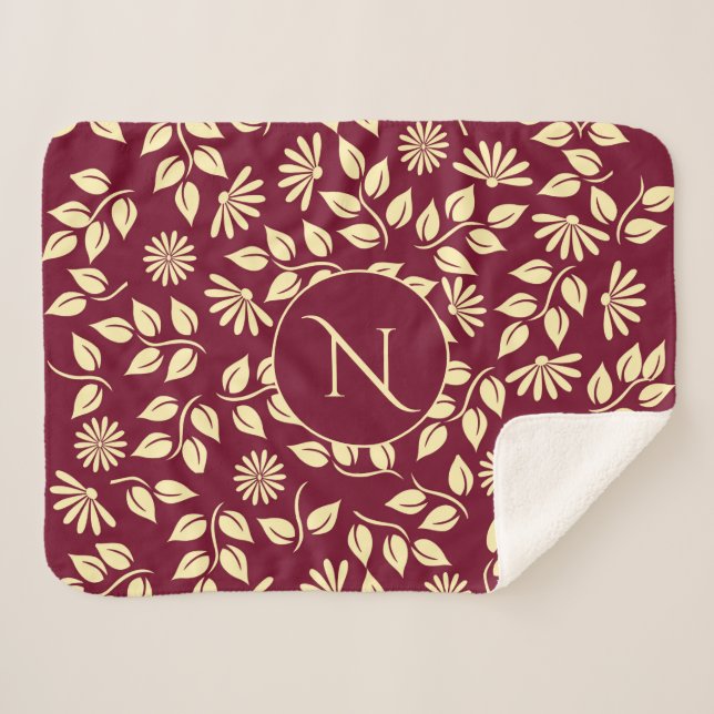 Couverture Sherpa Élégant Monogramme Feuille Motif Bourgogne (Devant (Horizontal))