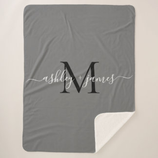 Couverture Sherpa Élégant Monogramme Noms de script gris noir nouvea
