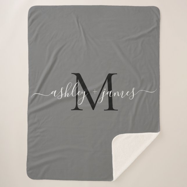 Couverture Sherpa Élégant Monogramme Noms de script gris noir nouvea (Devant)
