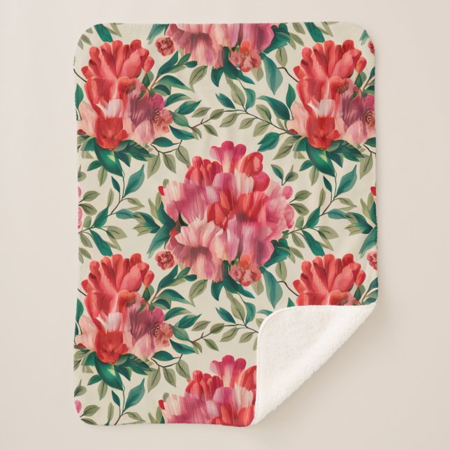 Couverture Sherpa Élégant motif floral avec fleurs rouges et roses (Devant)