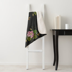 Couverture Sherpa Élégant Motif floral broderie Arrière - plan noir