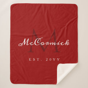Couverture Sherpa Élégant Noël Rouge Blanc Script Famille Monogramme